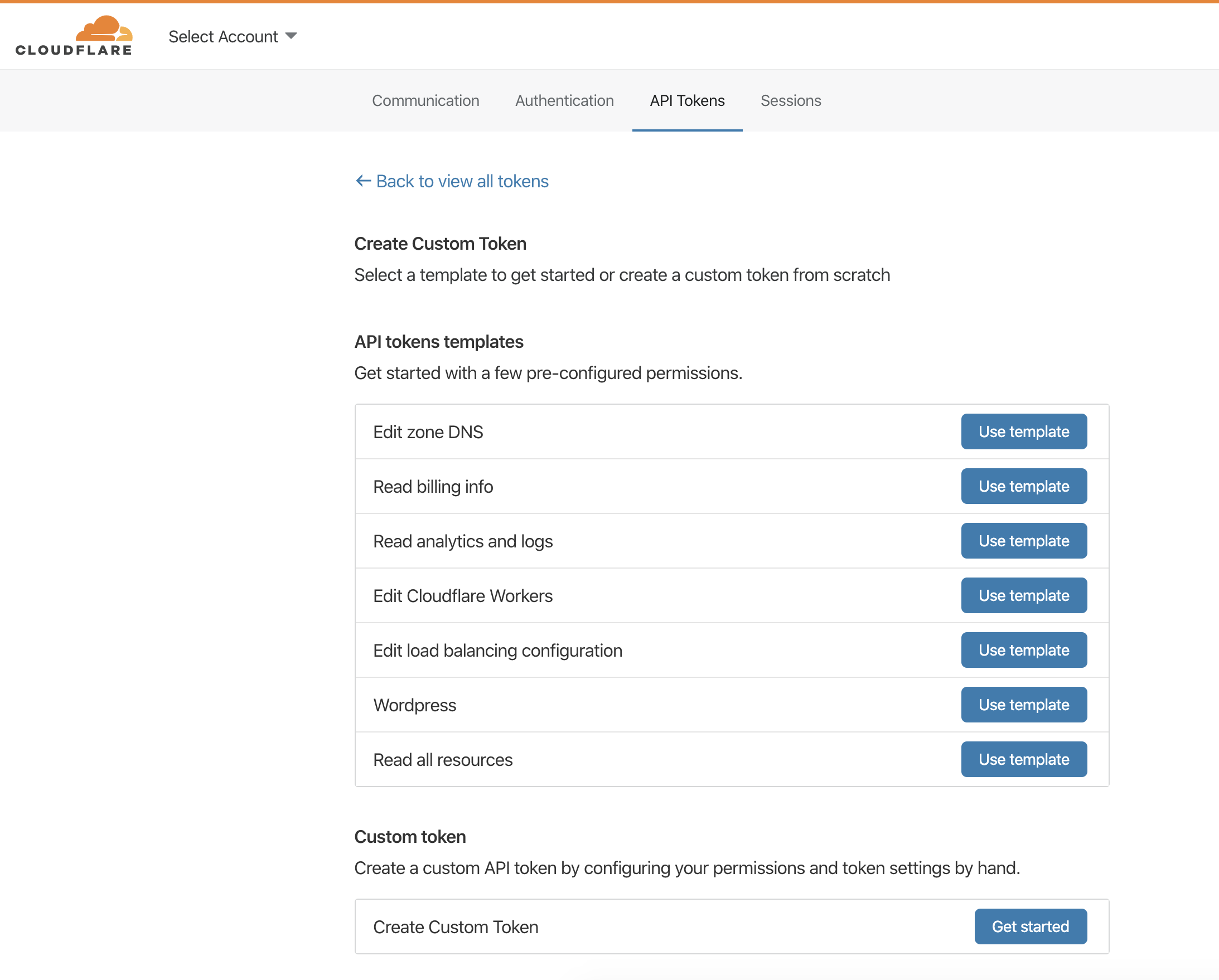 API token template selection options