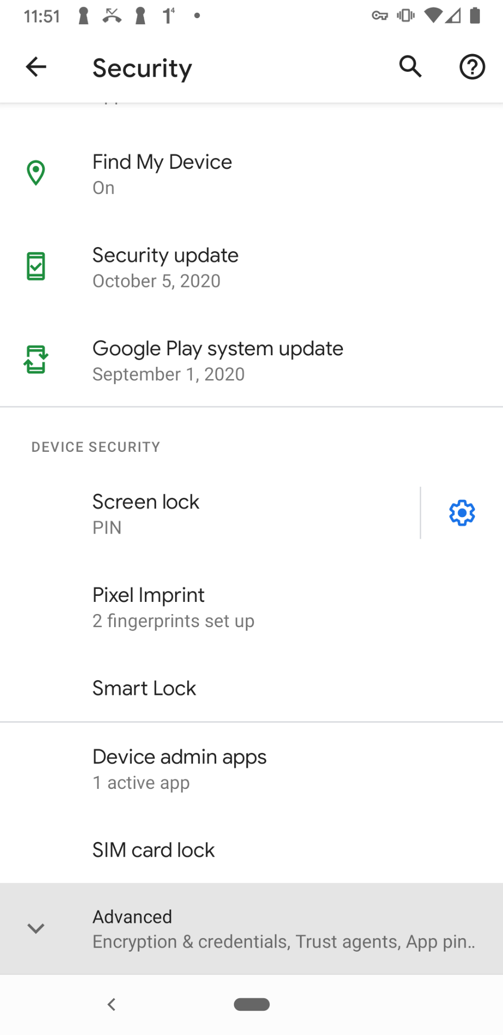 Android Security settings screen