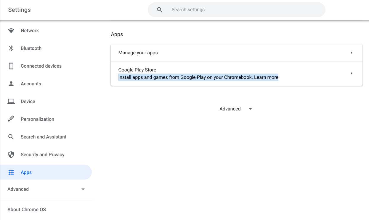 Google Play Store app in ChromeOS settings