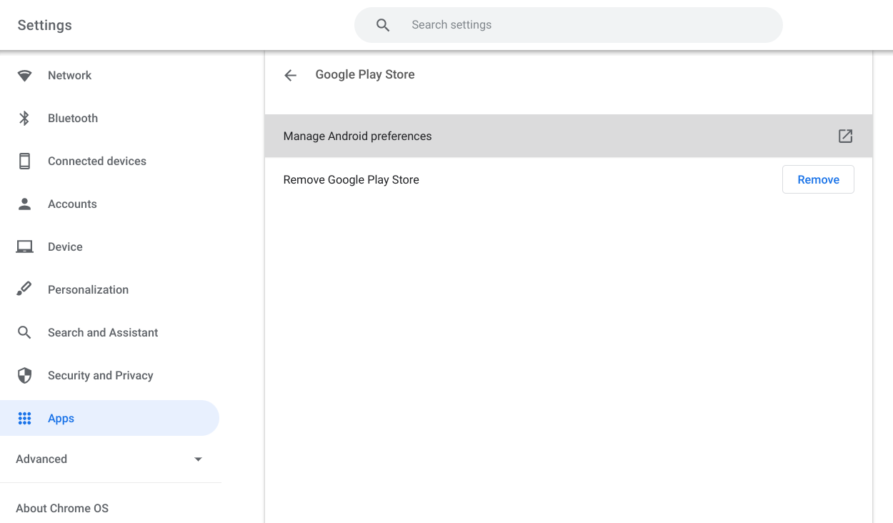 Manage Android preferences in ChromeOS settings