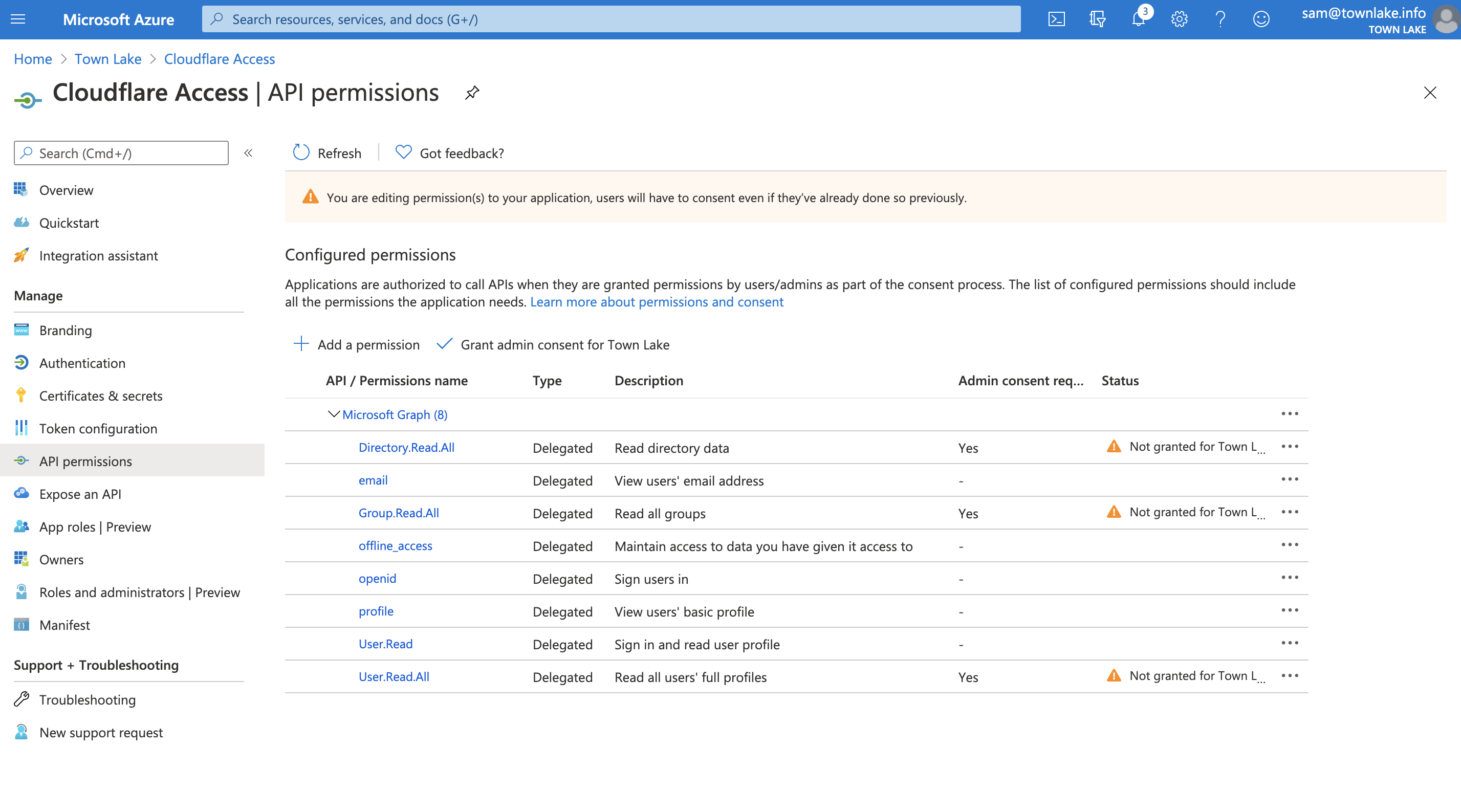 Configured permissions list in Azure