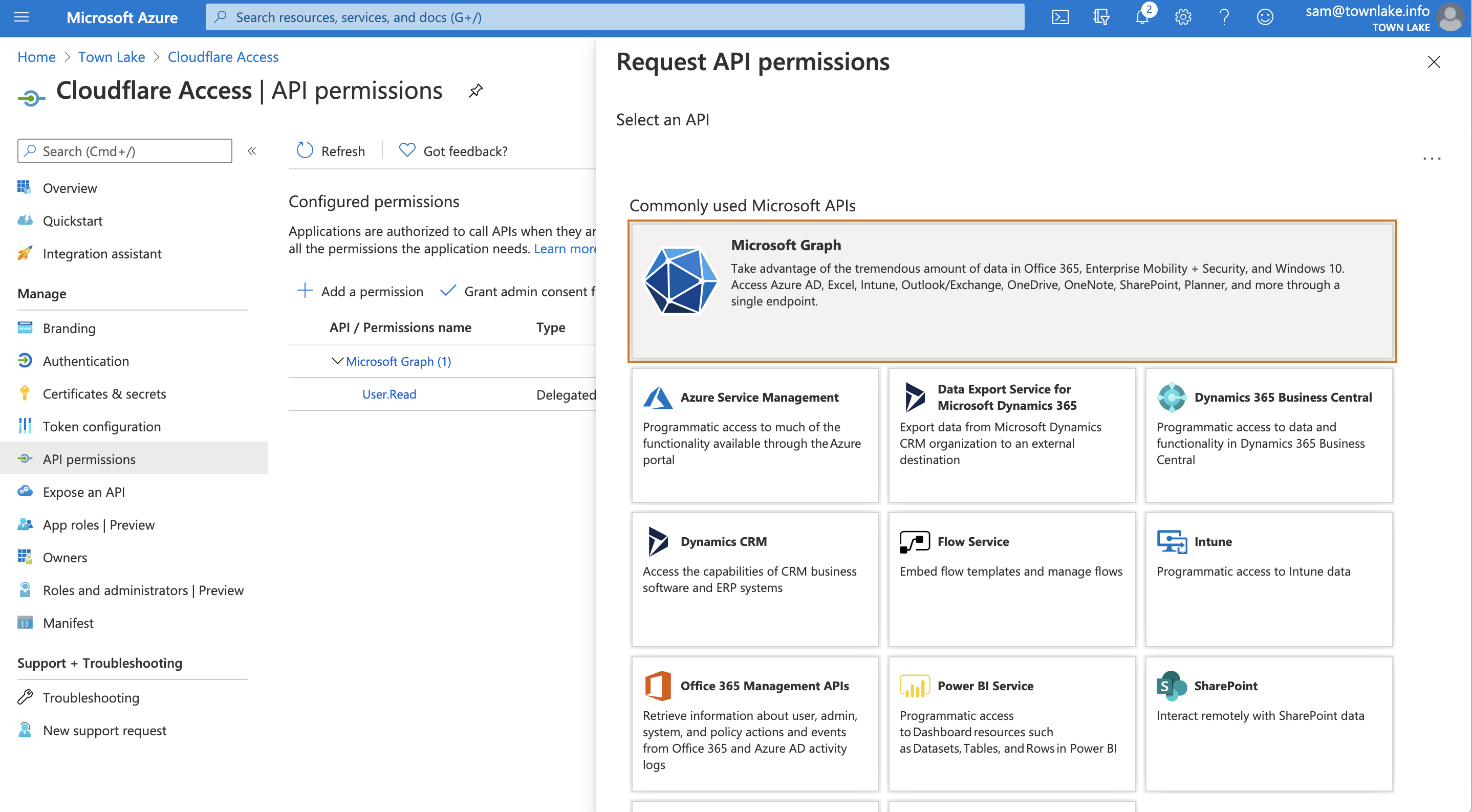 Selecting Microsoft Graph API in Azure