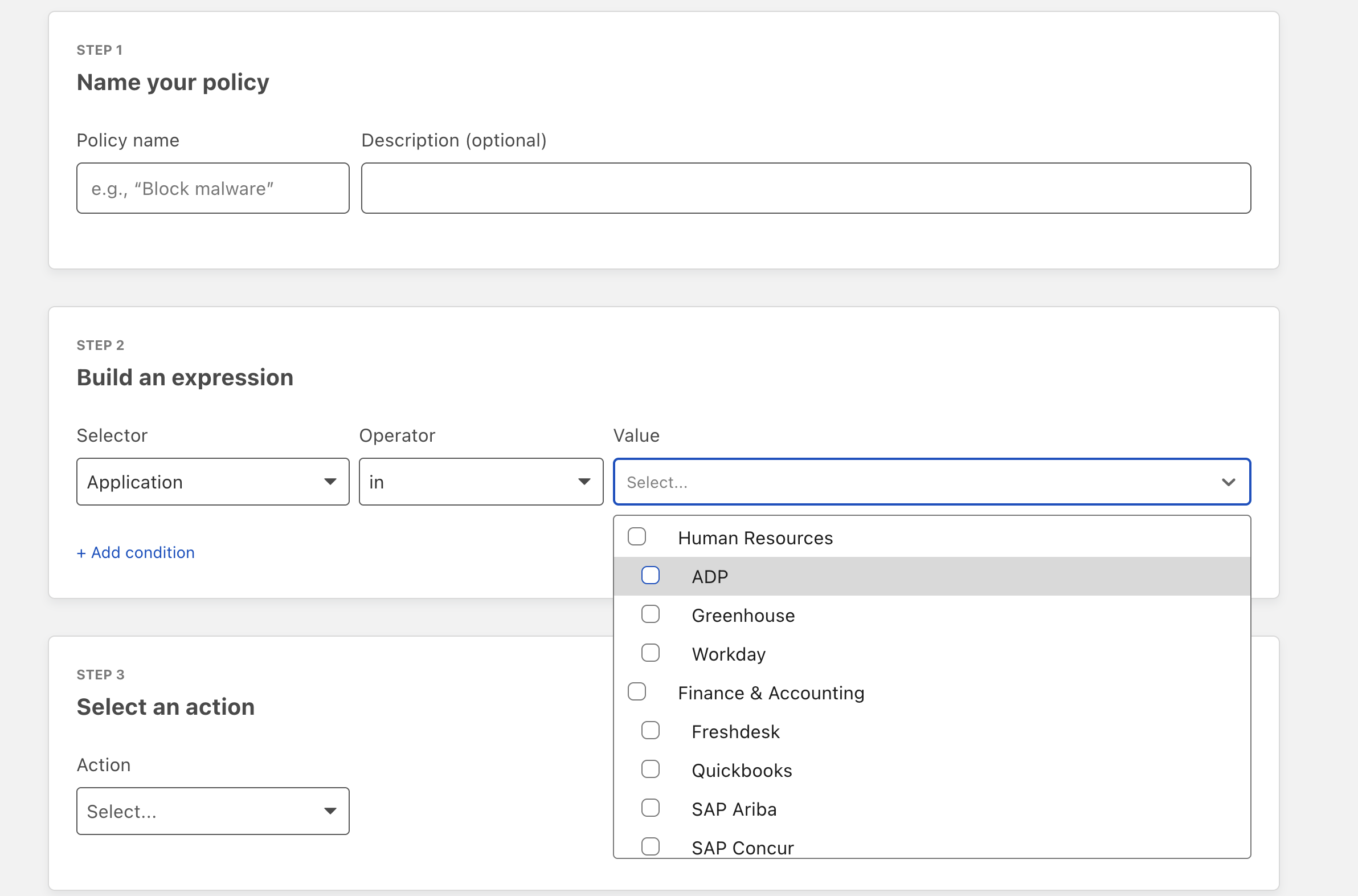 Creating a policy for applications