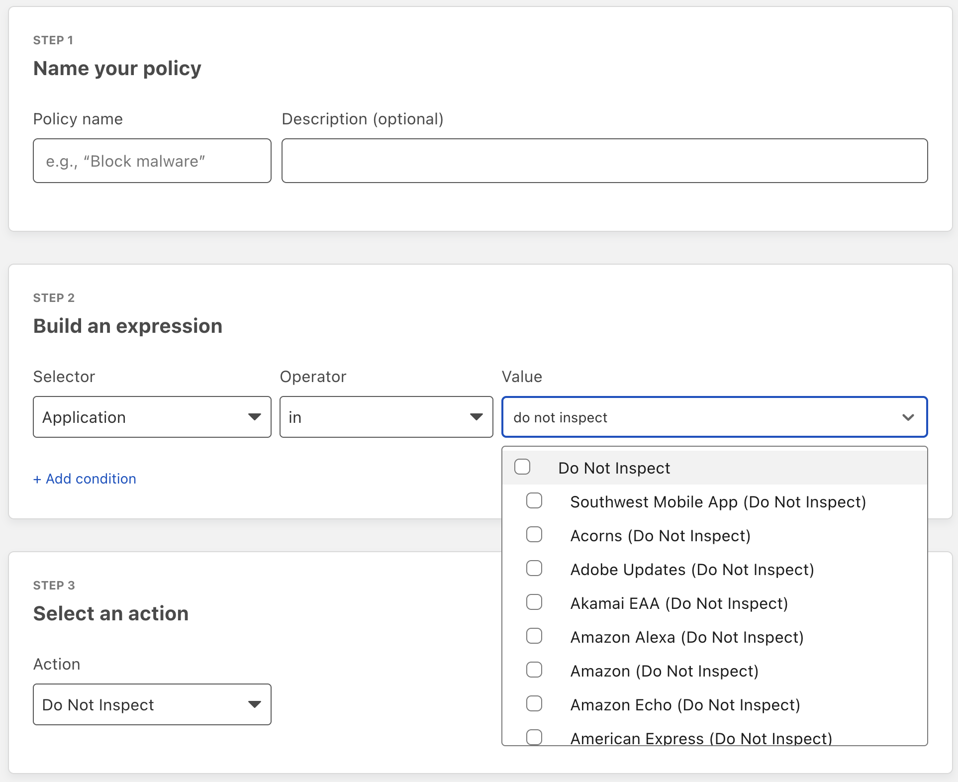 Creating an HTTP policy for the Do Not Inspect app type