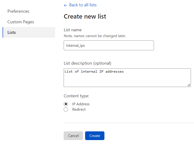 Entering a name and description for a new IP List in the Create new list page of the Cloudflare dashboard