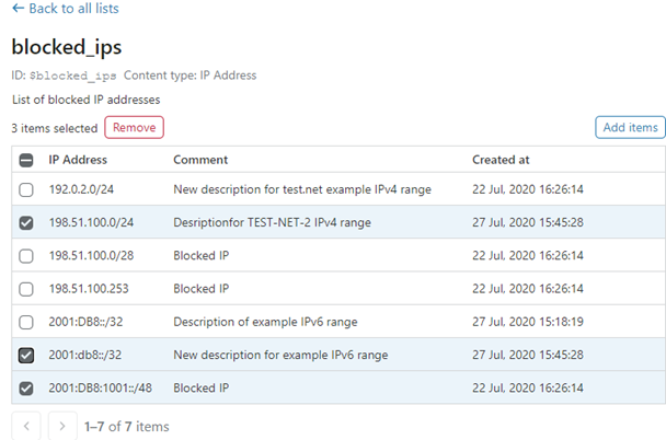 Selecting individual list items to delete from an IP List