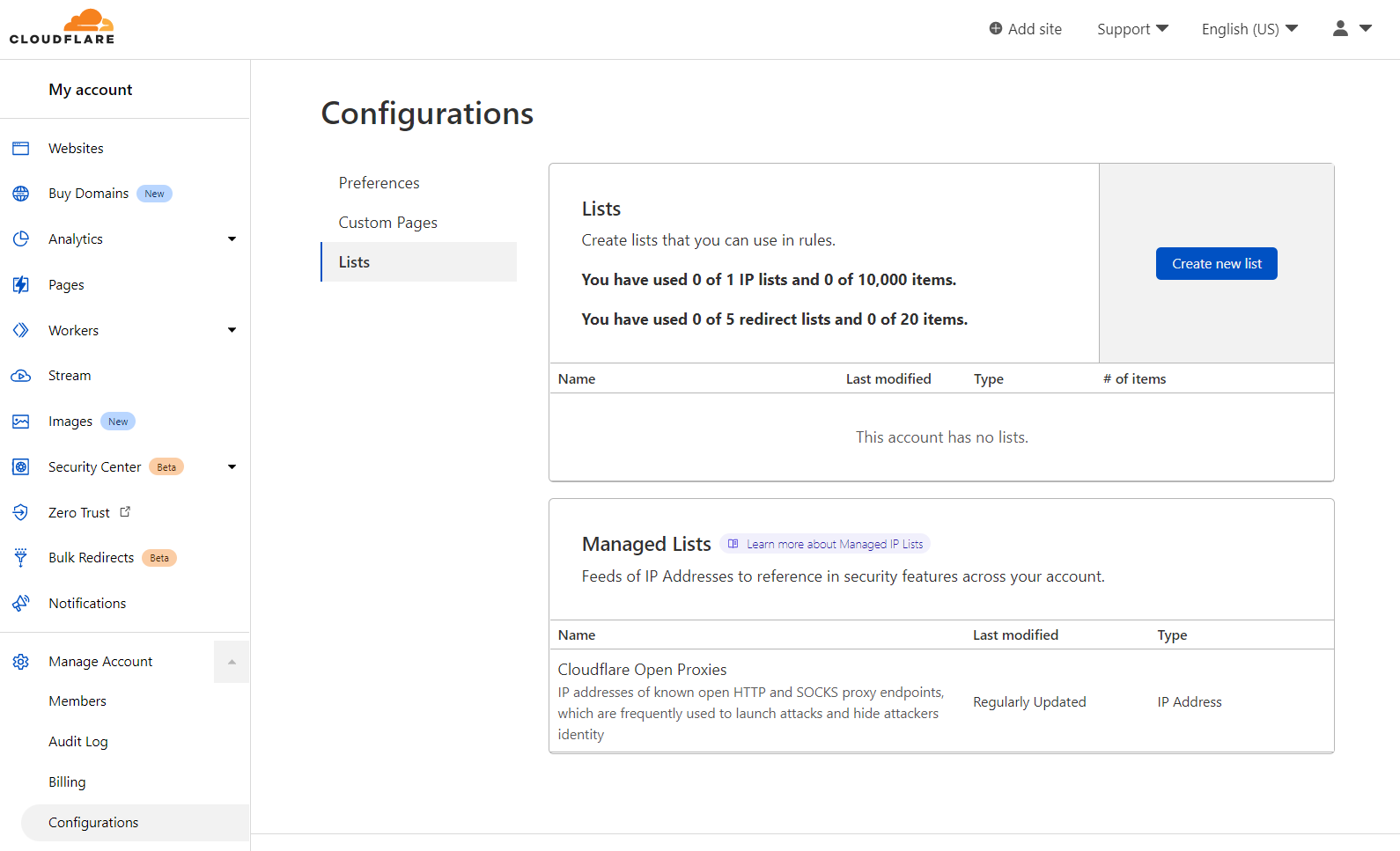 The Lists user interface in the Cloudflare dashboard where you can create and manage IP Lists