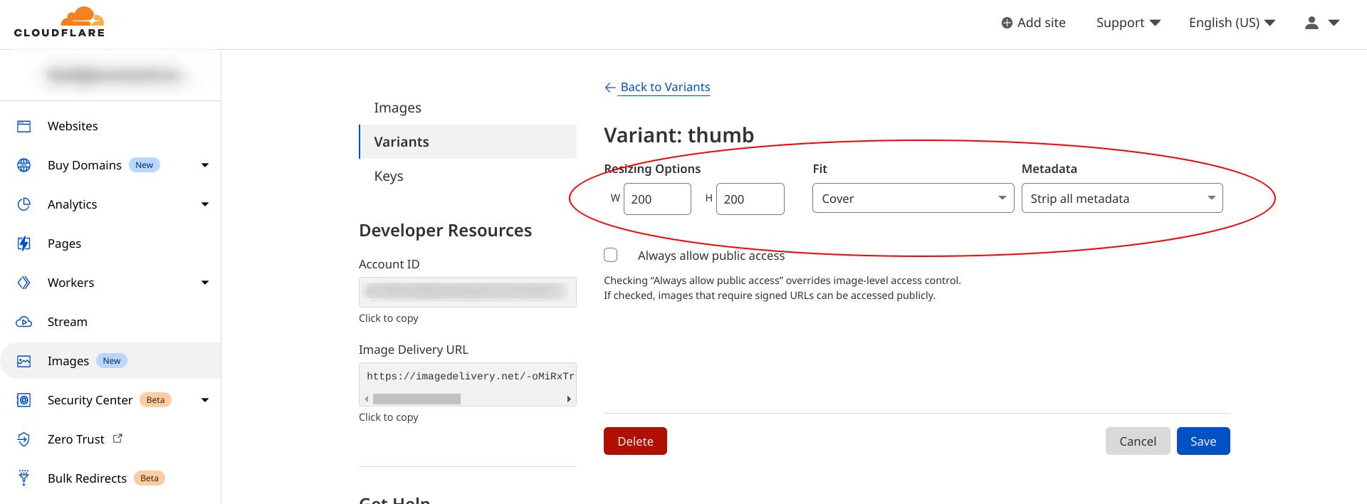 The settings for the “thumb” variant created in Cloudflare Images dash