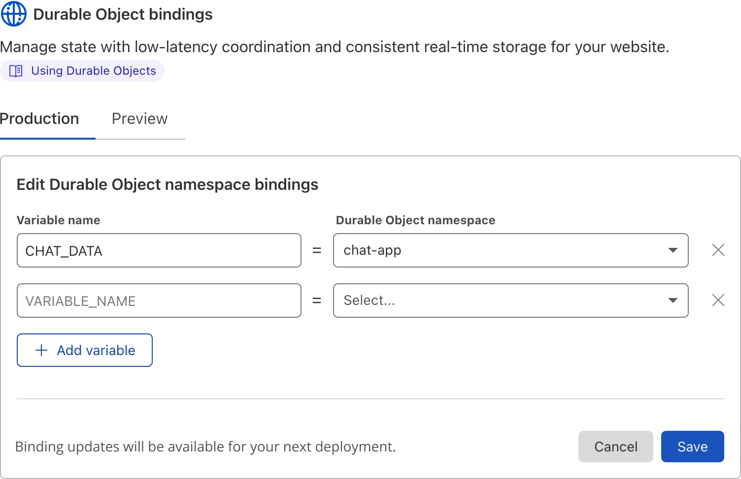 Editing a Durable Object namespace Binding and adding a Variable name