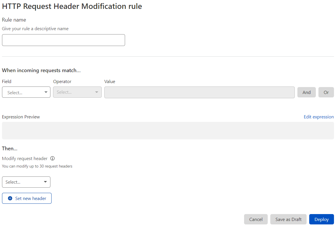 The HTTP Request Header Modification Rule creation page in the Cloudflare dashboard.