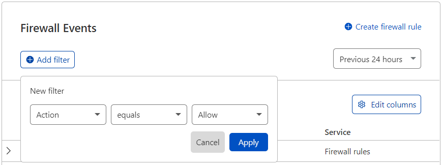 Example of adding a new filter in Firewall Analytics for the Allow action