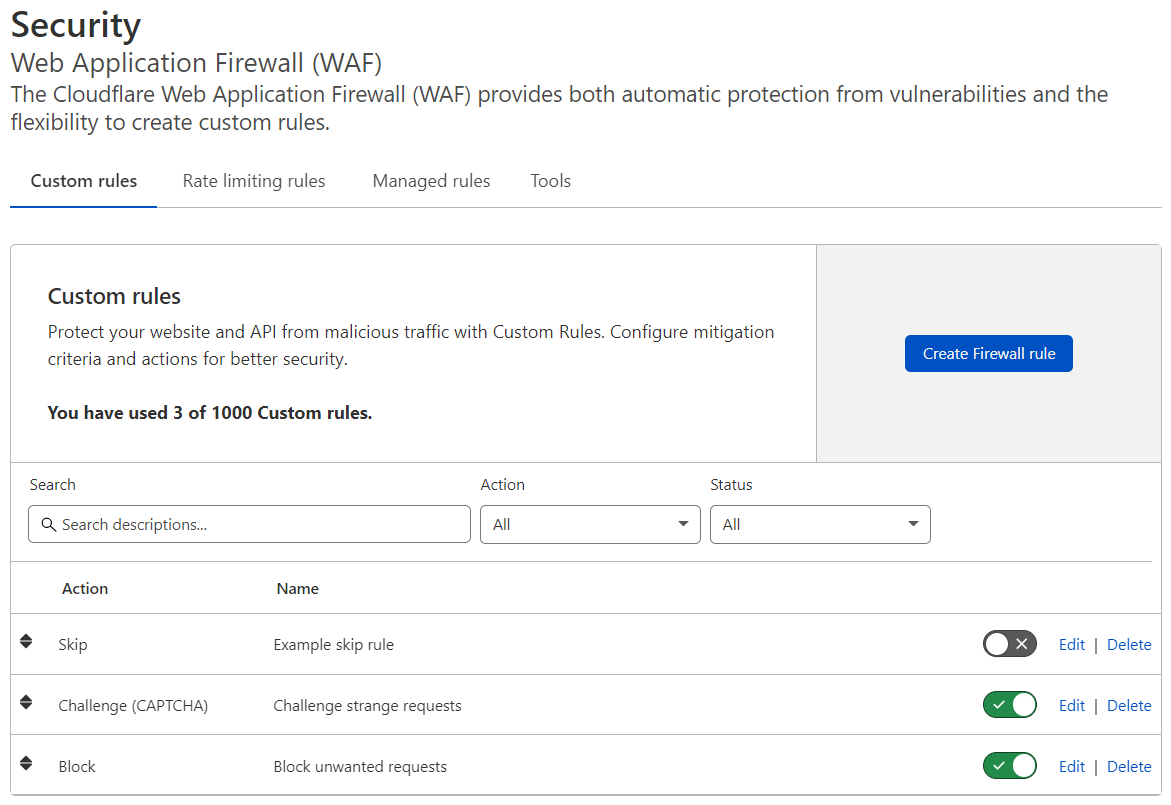 The Custom rules tab in the dashboard, listing three example rules