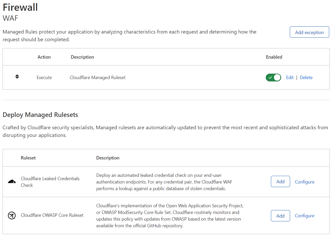 Example Managed Rules configuration in the Managed rules tab under Security > WAF. There is a configured rule for executing the Cloudflare Managed Ruleset, and there are two Managed Rulesets available for deployment.