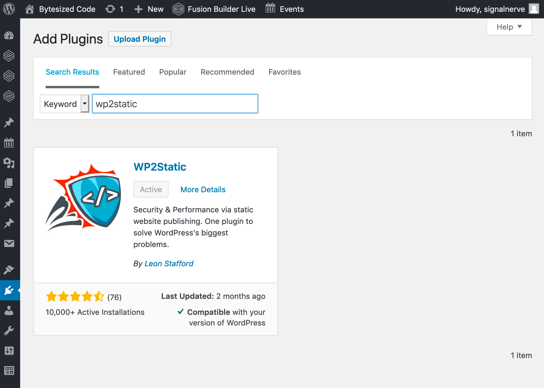 Installing the WP2Static plugin on the WordPress dashboard